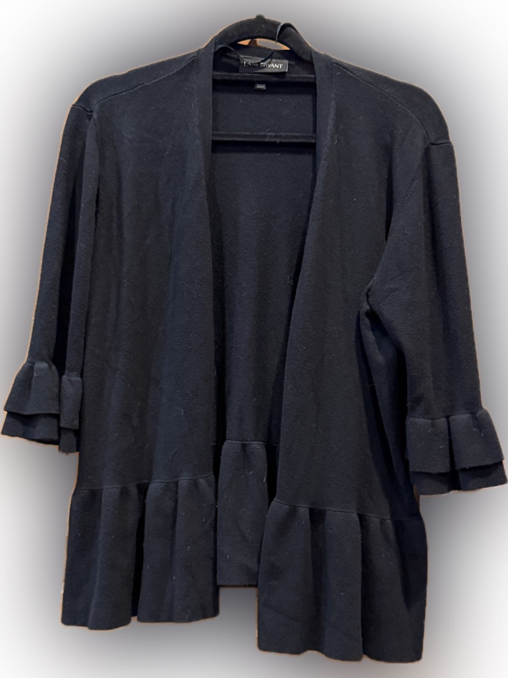 Lane Bryant Black Ruffle Hem Open Front Cardigan Sweater Plus Size 18/20